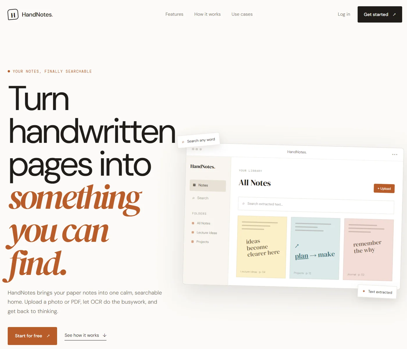 HandNotes landing page showing the All Notes library with searchable handwritten note cards